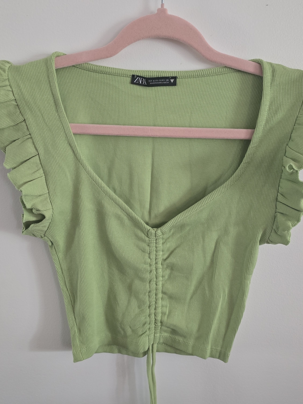 ZARA Lime Green Ribbed Ruffle Sleeve Crop Top Small S Ruched Drawstring V-Neck